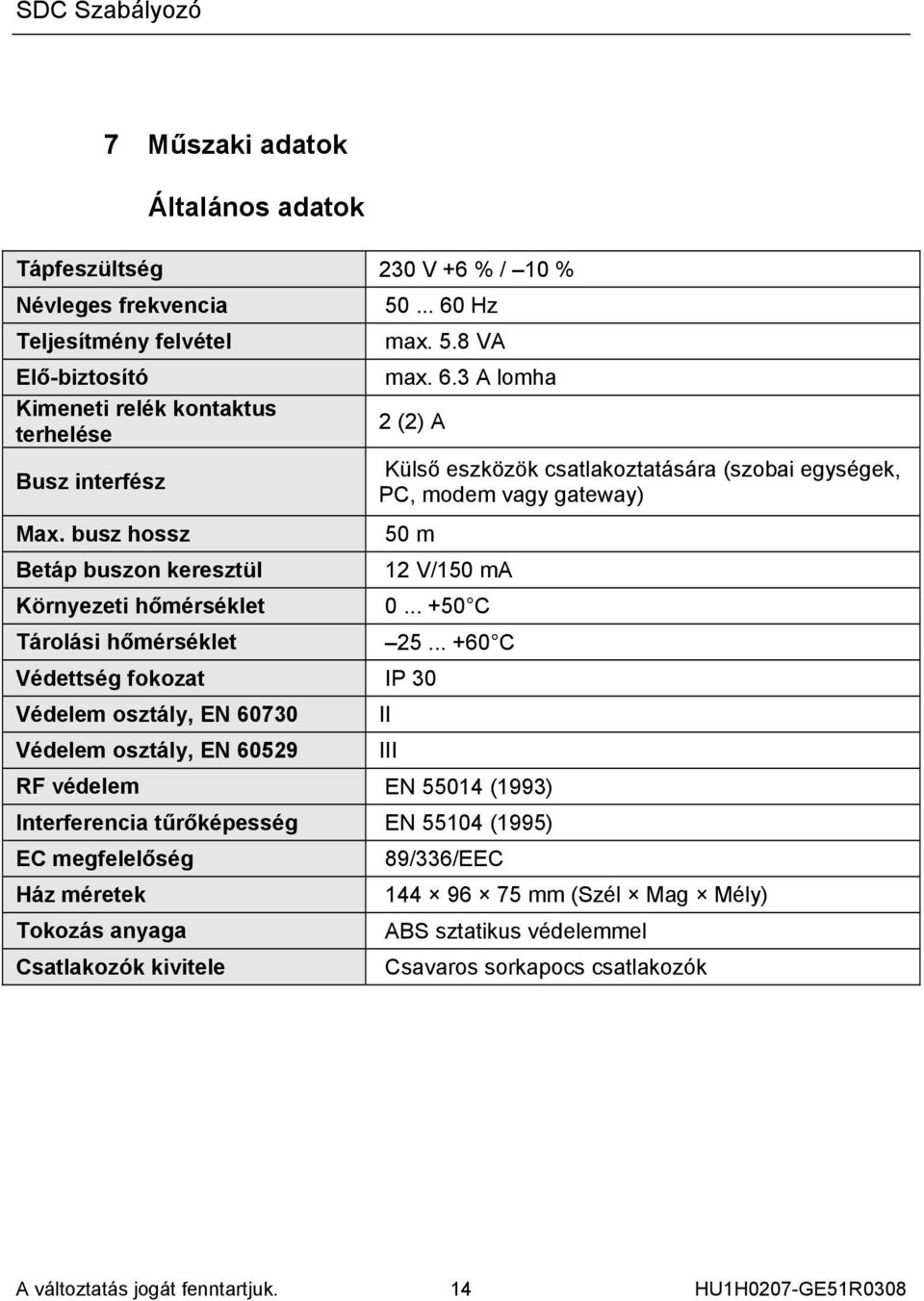 busz hossz 50 m Betáp buszon keresztül 12 V/150 ma Környezeti hőmérséklet 0... +50 C Tárolási hőmérséklet 25.