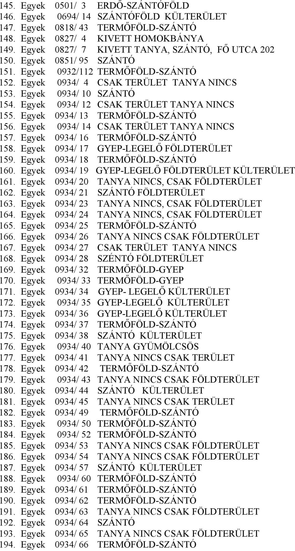 Egyek 0934/ 12 CSAK TERÜLET TANYA NINCS 155. Egyek 0934/ 13 TERMŐFÖLD-SZÁNTÓ 156. Egyek 0934/ 14 CSAK TERÜLET TANYA NINCS 157. Egyek 0934/ 16 TERMŐFÖLD-SZÁNTÓ 158.