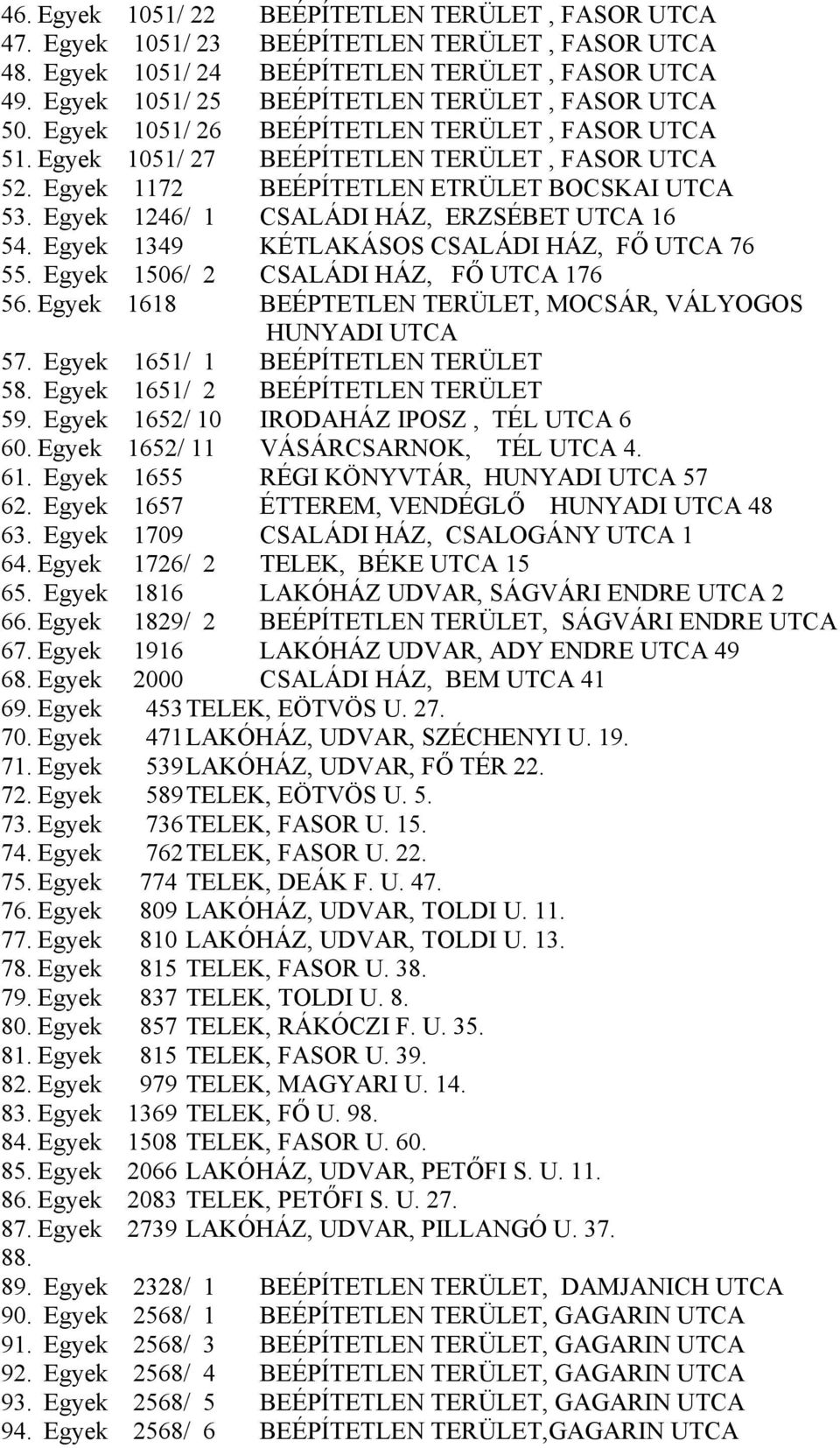 Egyek 1246/ 1 CSALÁDI HÁZ, ERZSÉBET UTCA 16 54. Egyek 1349 KÉTLAKÁSOS CSALÁDI HÁZ, FŐ UTCA 76 55. Egyek 1506/ 2 CSALÁDI HÁZ, FŐ UTCA 176 56.