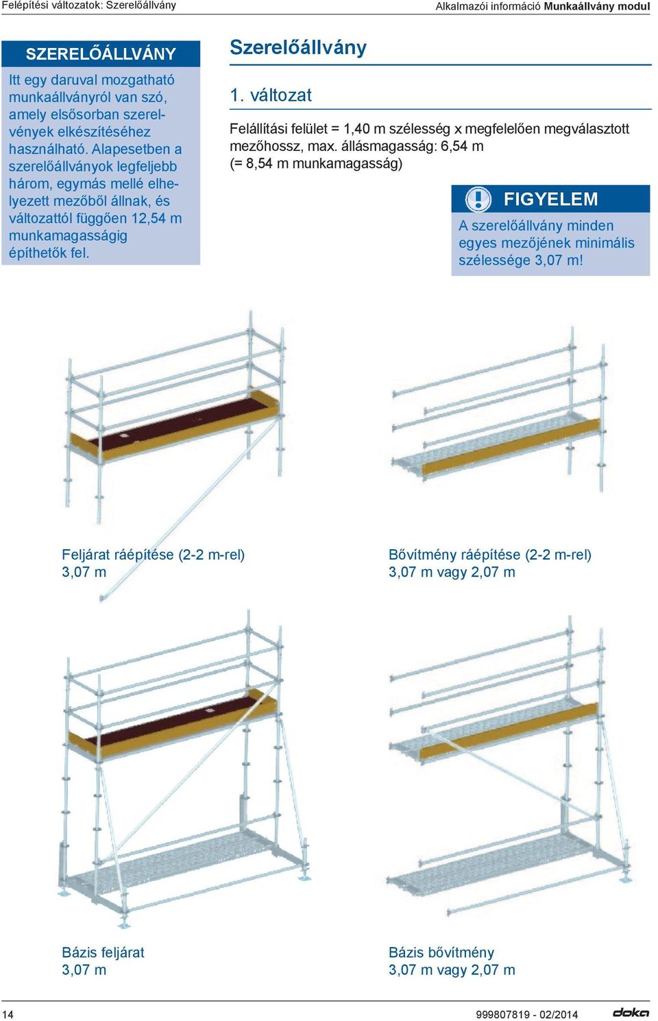 változat Alkalmazói információ Munkaállvány modul Felállítási felület = 1,40 m szélesség x megfelelően megválasztott mezőhossz, max.
