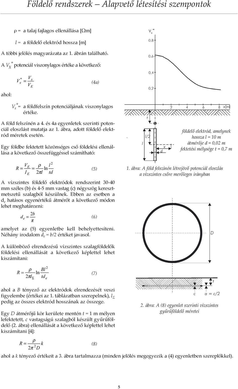 és 4a egyenletek szerinti potenciál eloszlást mutatja az 1. ábra, adott földelő elektród méretek esetén.