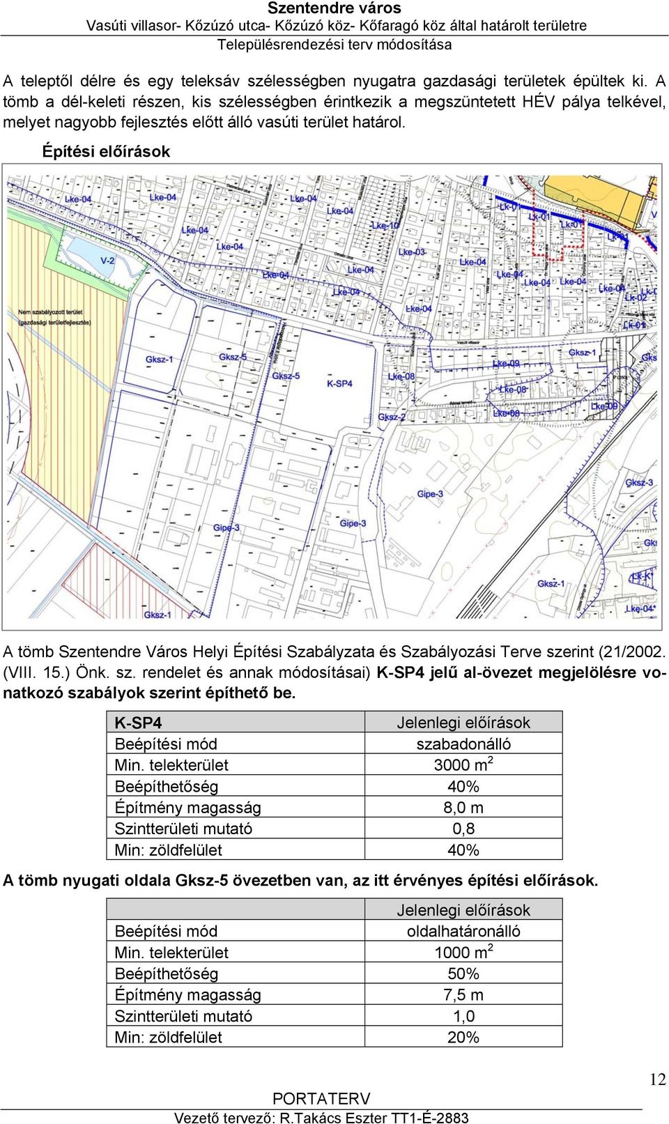 Építési előírások A tömb Szentendre Város Helyi Építési Szabályzata és Szabályozási Terve szerint (21/2002. (VIII. 15.) Önk. sz. rendelet és annak módosításai) K-SP4 jelű al-övezet megjelölésre vonatkozó szabályok szerint építhető be.