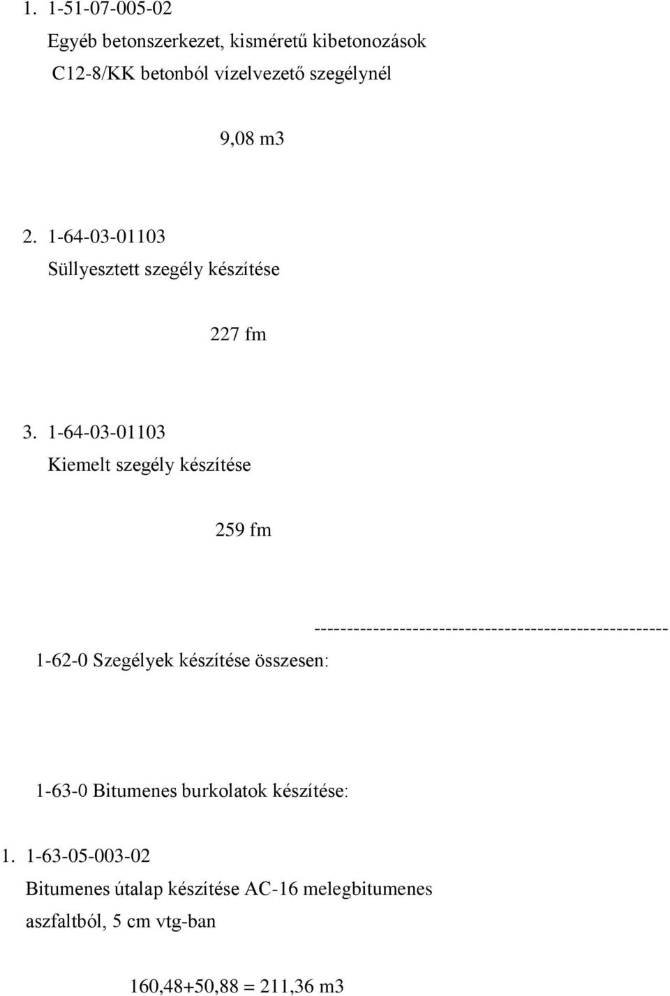 1-64-03-01103 Kiemelt szegély készítése 259 fm 1-62-0 Szegélyek készítése összesen: