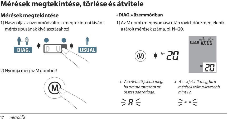 » üzemmódban 1) Az M gomb megnyomása után rövid időre megjelenik a tárolt mérések száma, pl. N=20. DIAG.