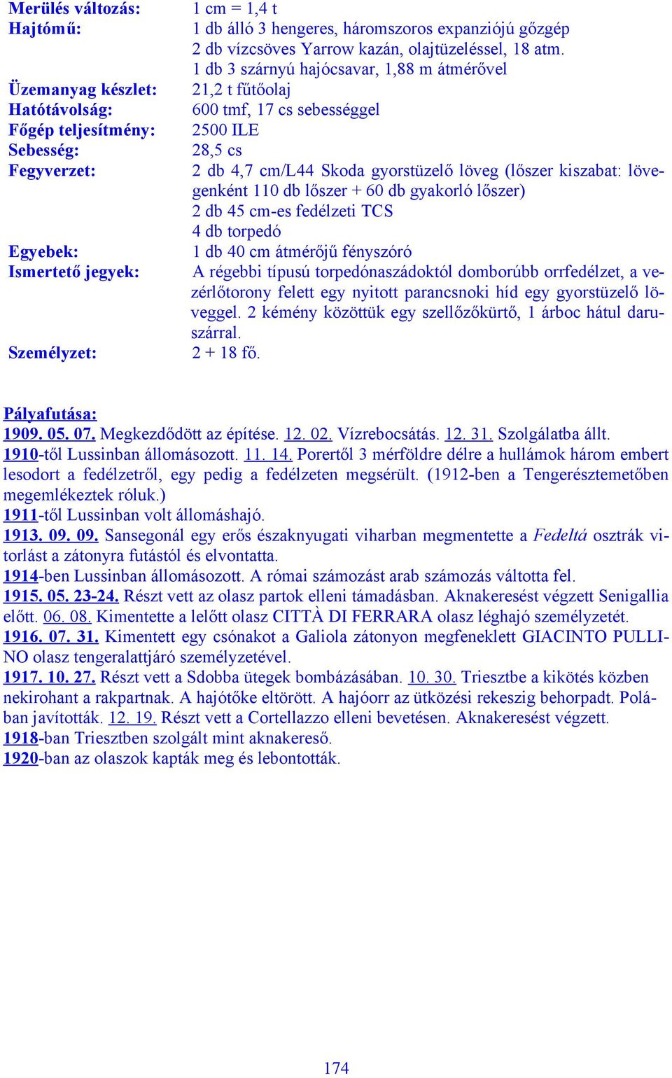 1 db 3 szárnyú hajócsavar, 1,88 m átmérővel 21,2 t fűtőolaj 600 tmf, 17 cs sebességgel 2500 ILE 28,5 cs 2 db 4,7 cm/l44 Skoda gyorstüzelő löveg (lőszer kiszabat: lövegenként 110 db lőszer + 60 db
