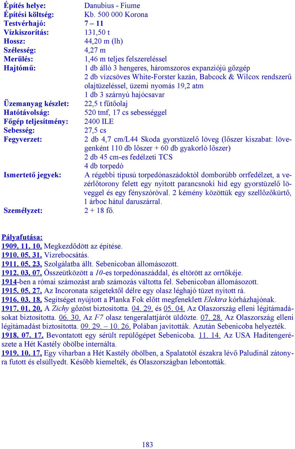 500 000 Korona 7 11 131,50 t 44,20 m (lh) 4,27 m 1,46 m teljes felszereléssel 1 db álló 3 hengeres, háromszoros expanziójú gőzgép 2 db vízcsöves White-Forster kazán, Babcock & Wilcox rendszerű