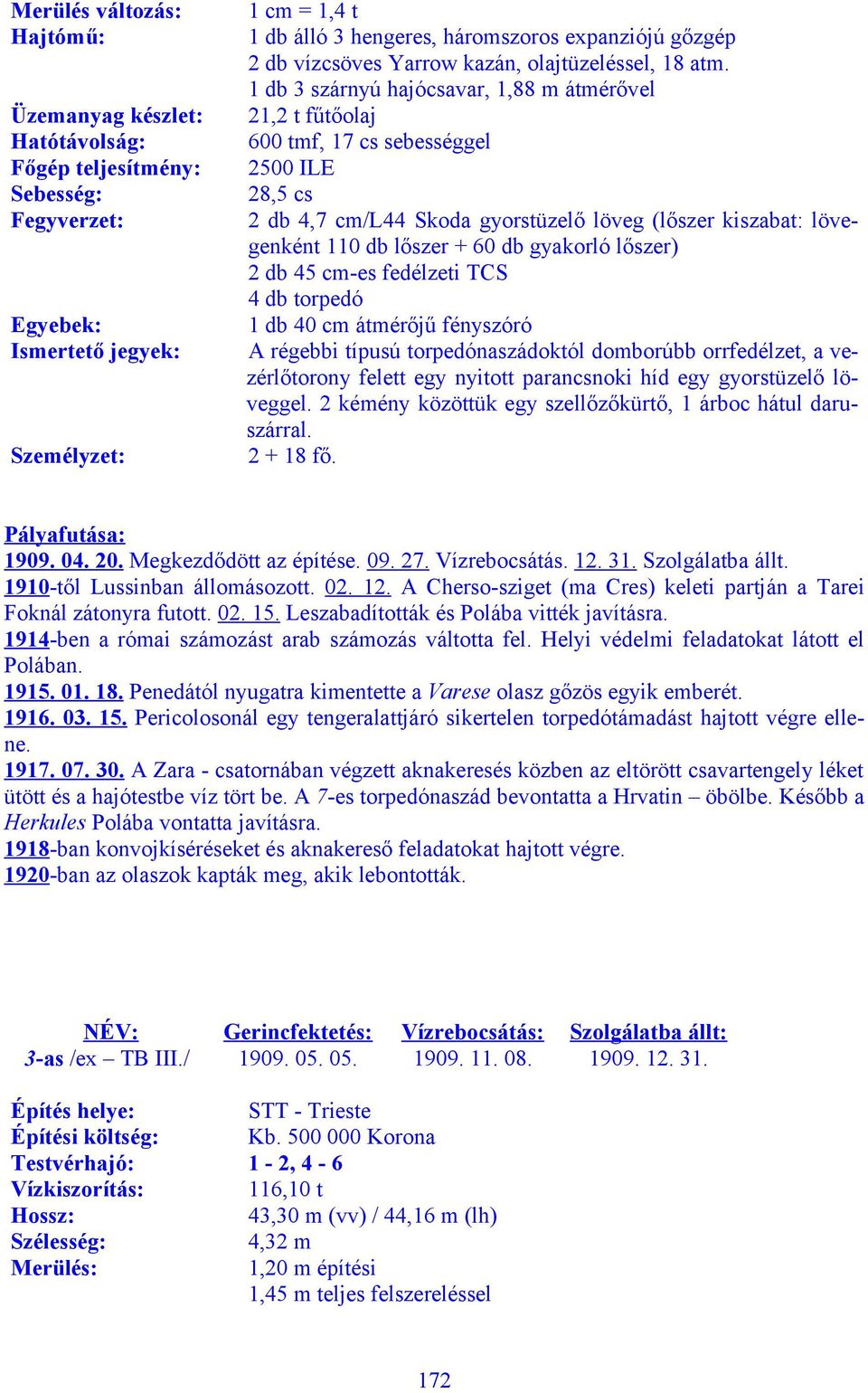 1 db 3 szárnyú hajócsavar, 1,88 m átmérővel 21,2 t fűtőolaj 600 tmf, 17 cs sebességgel 2500 ILE 28,5 cs 2 db 4,7 cm/l44 Skoda gyorstüzelő löveg (lőszer kiszabat: lövegenként 110 db lőszer + 60 db