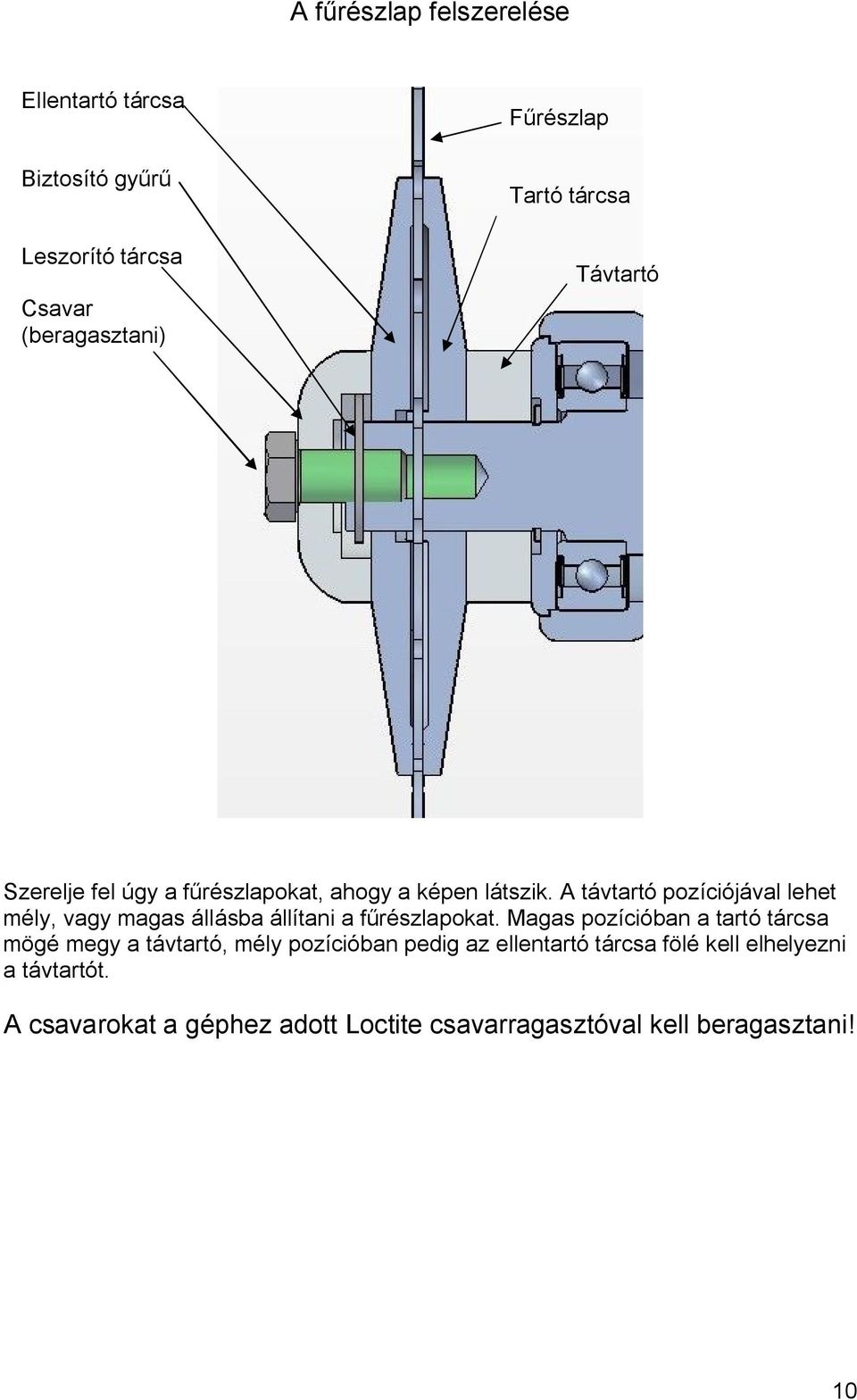 A távtartó pozíciójával lehet mély, vagy magas állásba állítani a fűrészlapokat.