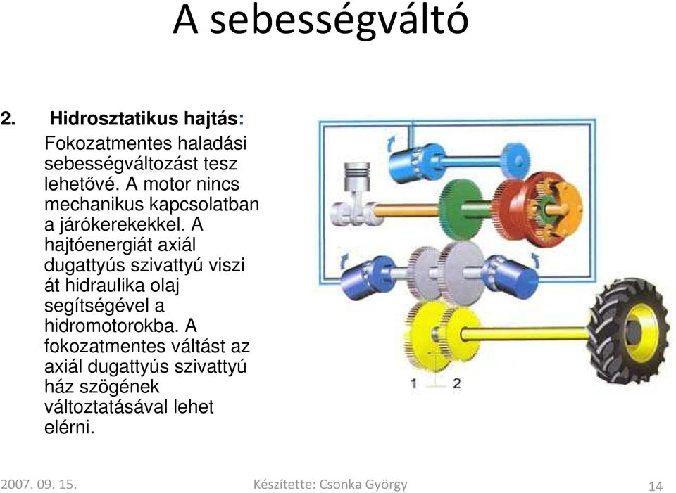 A hajtóenergiát axiál dugattyús szivattyú viszi át hidraulika olaj segítségével a hidromotorokba.