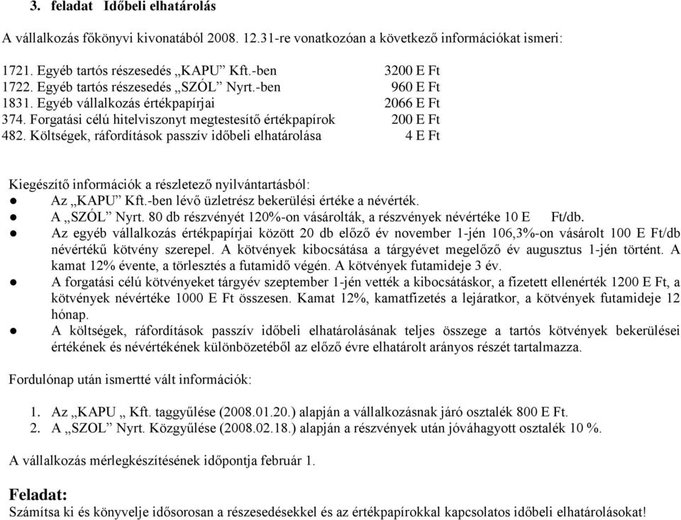 Költségek, ráfordítások passzív időbeli elhatárolása 4 E Ft Kiegészítő információk a részletező nyilvántartásból: Az KAPU Kft.-ben lévő üzletrész bekerülési értéke a névérték. A SZÓL Nyrt.