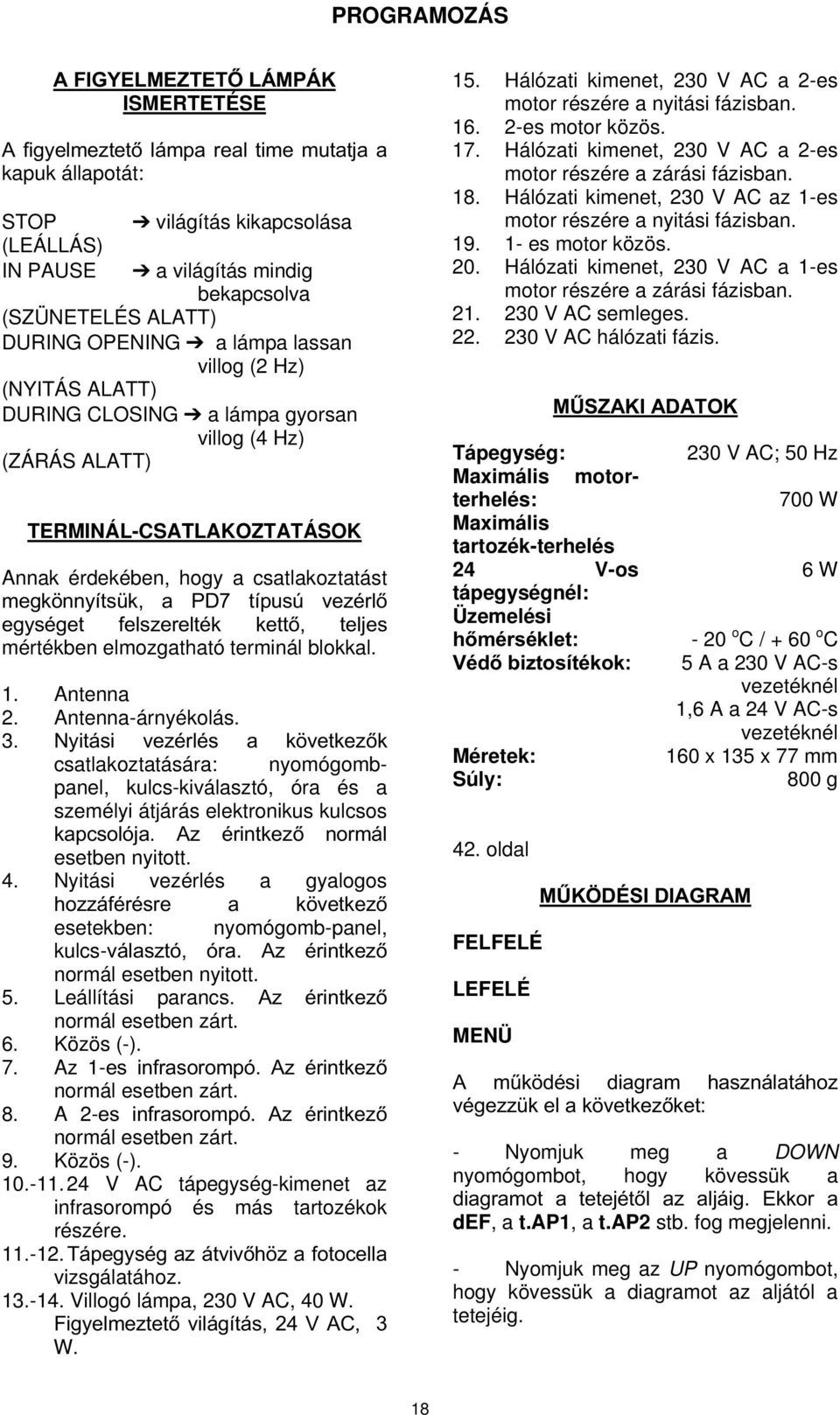 villog (2 Hz) (NYITÁS ALATT) DURING CLOSING a lámpa gyorsan villog (4 Hz) (ZÁRÁS ALATT) TERMINÁL-CSATLAKOZTATÁSOK Annak érdekében, hogy a csatlakoztatást PHJN QQ\tWV N D 3' WtSXV~ YH]pUO HJ\VpJHW