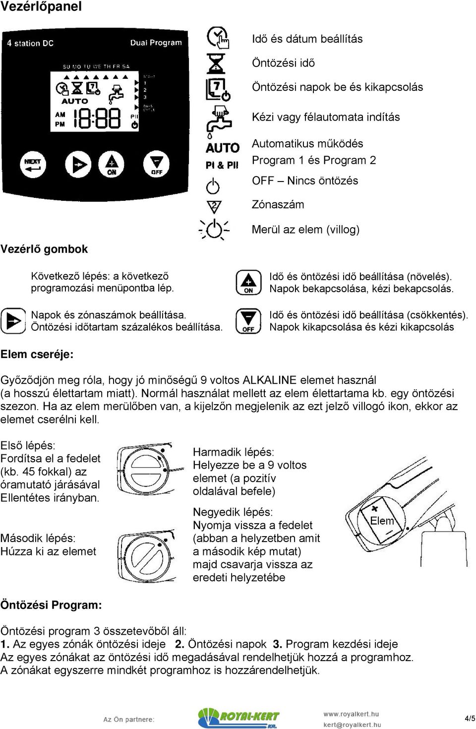 Napok bekapcsolása, kézi bekapcsolás. Idő és öntözési idő (csökkentés).