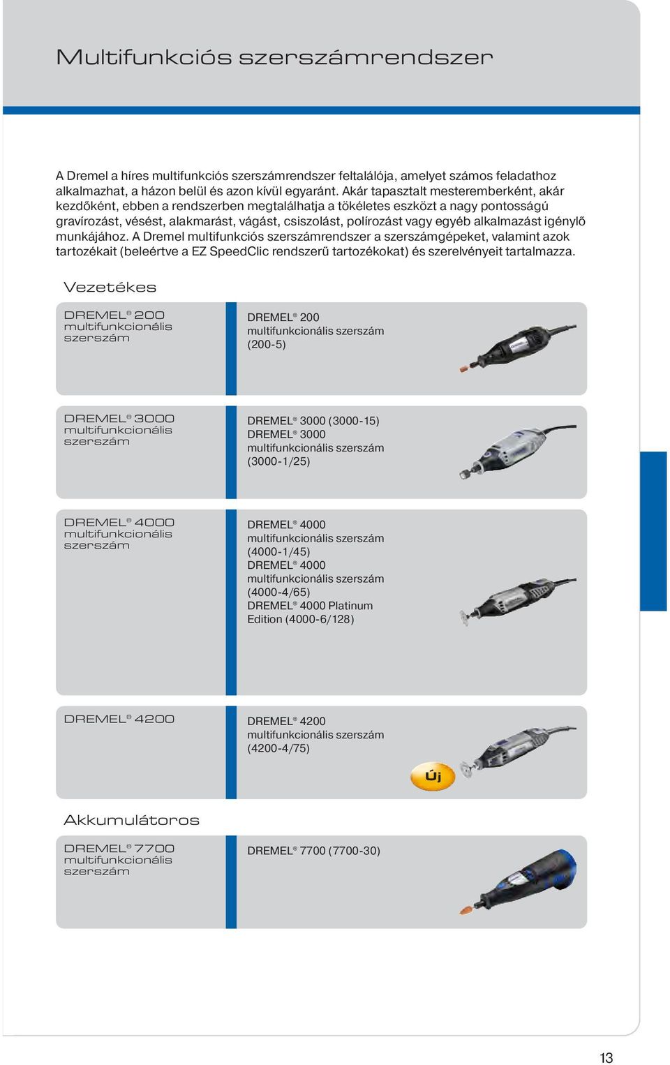 alkalmazást igénylő munkájához. A Dremel multifunkciós szerszámrendszer a szerszámgépeket, valamint azok tartozékait (beleértve a EZ SpeedClic rendszerű tartozékokat) és szerelvényeit tartalmazza.