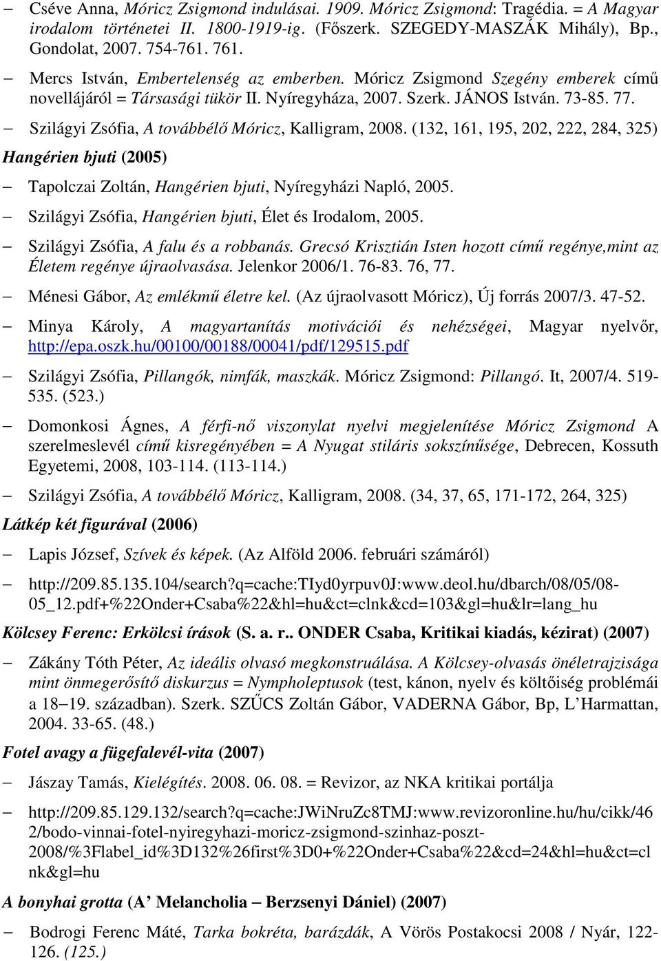 Szilágyi Zsófia, A továbbélő Móricz, Kalligram, 2008. (132, 161, 195, 202, 222, 284, 325) Hangérien bjuti (2005) Tapolczai Zoltán, Hangérien bjuti, Nyíregyházi Napló, 2005.
