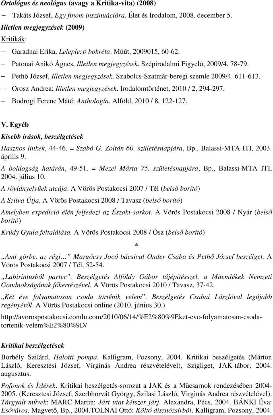 Pethő József, Illetlen megjegyzések. Szabolcs-Szatmár-beregi szemle 2009/4. 611-613. Orosz Andrea: Illetlen megjegyzések. Irodalomtörténet, 2010 / 2, 294-297. Bodrogi Ferenc Máté: Anthología.