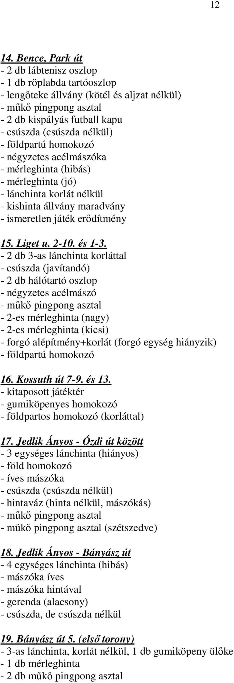 négyzetes acélmászóka - mérleghinta (hibás) - mérleghinta (jó) - lánchinta korlát nélkül - kishinta állvány maradvány - ismeretlen játék erődítmény 15. Liget u. 2-10. és 1-3.