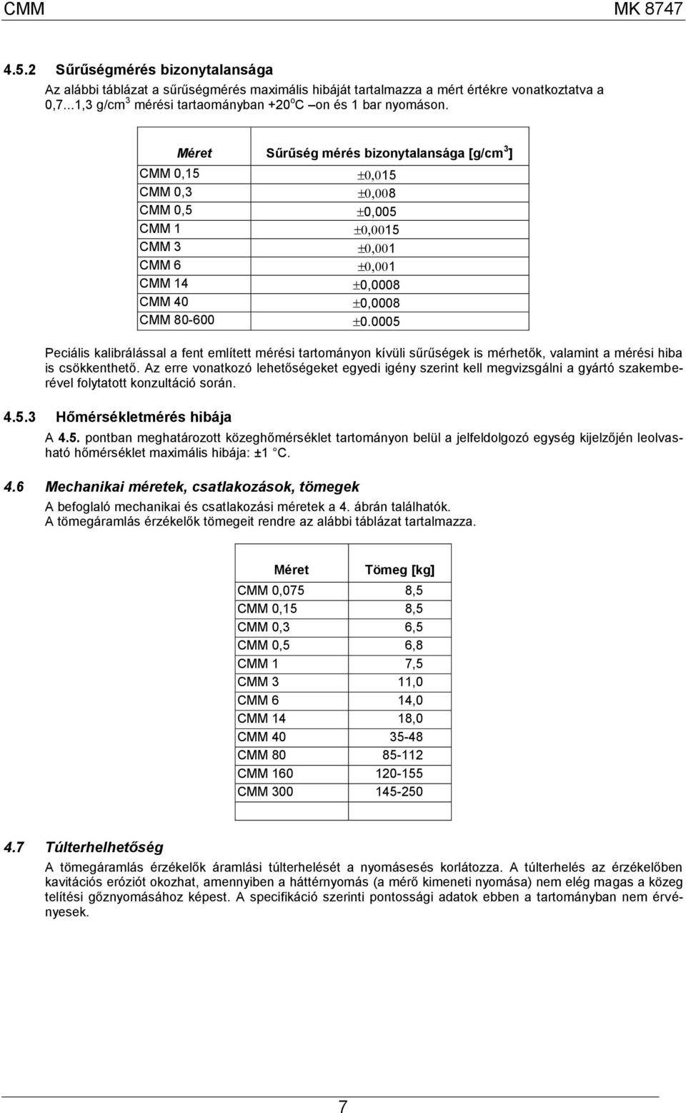 0005 Peciális kalibrálással a fent említett mérési tartományon kívüli sűrűségek is mérhetők, valamint a mérési hiba is csökkenthető.