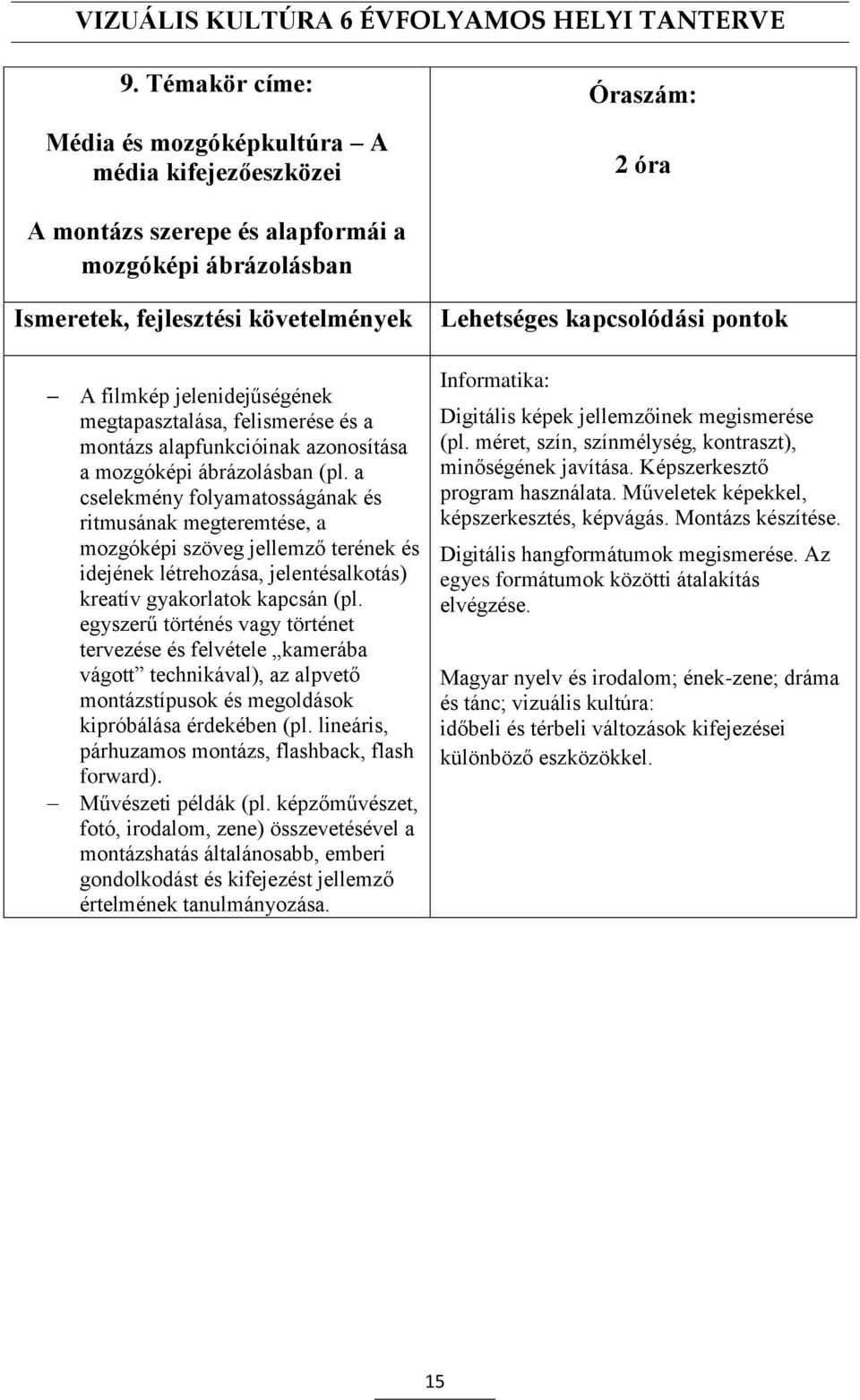 a cselekmény folyamatosságának és ritmusának megteremtése, a mozgóképi szöveg jellemző terének és idejének létrehozása, jelentésalkotás) kreatív gyakorlatok kapcsán (pl.