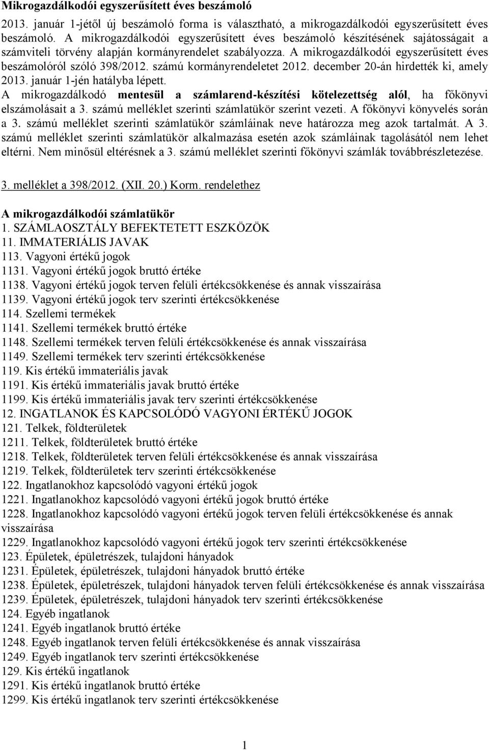 A mikrogazdálkodói egyszerűsített éves beszámolóról szóló 398/2012. számú kormányrendeletet 2012. december 20-án hirdették ki, amely 2013. január 1-jén hatályba lépett.