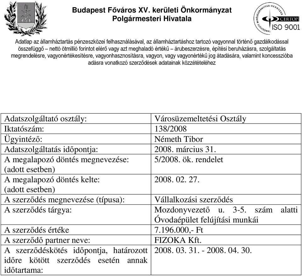 u. 3-5. szám alatti Óvodaépület felújítási munkái 7.196.