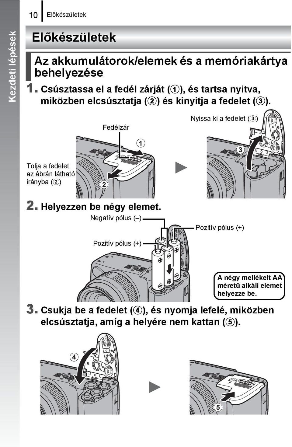 Fedélzár Nyissa ki a fedelet (c) Tolja a fedelet az ábrán látható irányba (b) 2. Helyezzen be négy elemet.