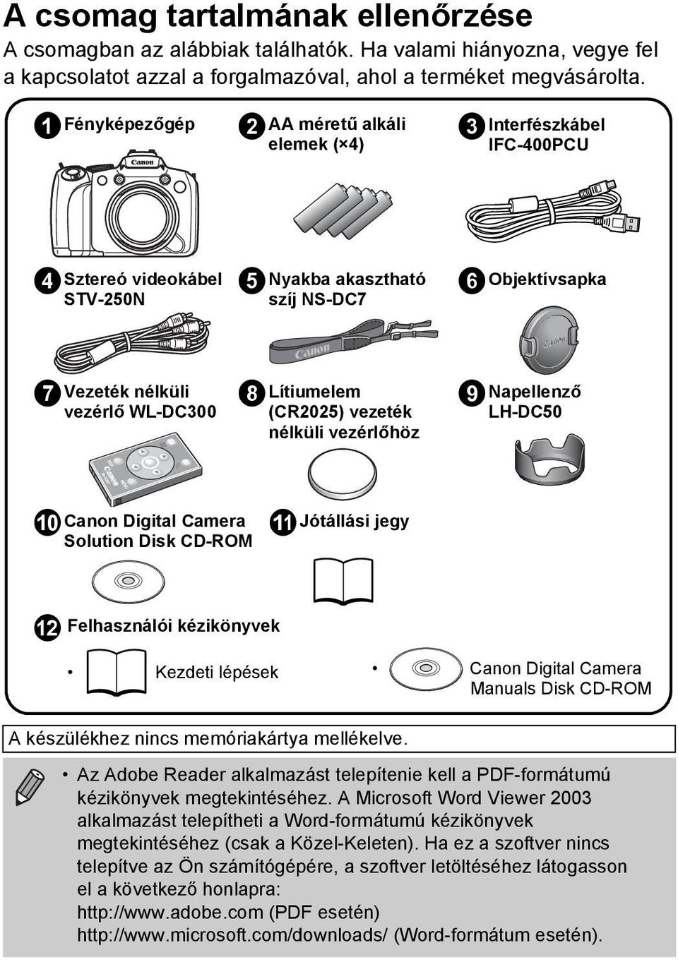 (CR2025) vezeték nélküli vezérlőhöz inapellenző LH-DC50 j Canon Digital Camera Solution Disk CD-ROM k Jótállási jegy l Felhasználói kézikönyvek Kezdeti lépések Canon Digital Camera Manuals Disk