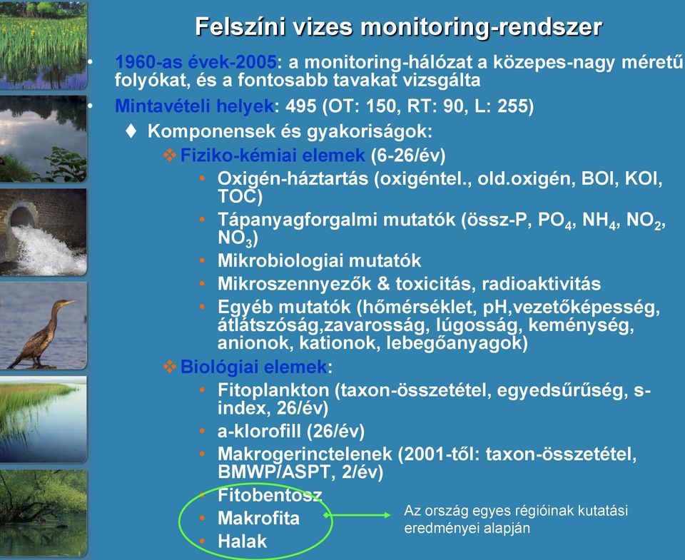 oxigén, BOI, KOI, TOC) Tápanyagforgalmi mutatók (össz-p, PO 4, NH 4, NO 2, NO 3 ) Mikrobiologiai mutatók Mikroszennyezők & toxicitás, radioaktivitás Egyéb mutatók (hőmérséklet, ph,vezetőképesség,