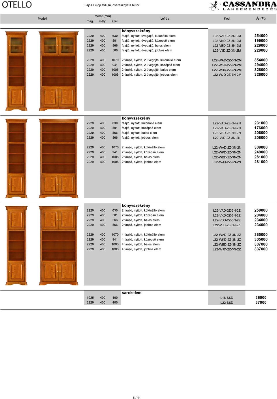 400 941 2 faajtó, nyitott, 2 üvegajtó, középső elem L22-WKD-2Z-3N-2M 294000 2229 400 1006 2 faajtó, nyitott, 2 üvegajtó, balos elem L22-WBD-2Z-3N-2M 326000 2229 400 1006 2 faajtó, nyitott, 2