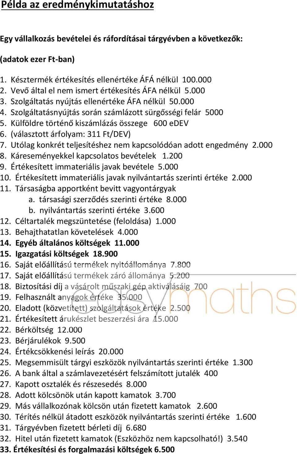 Külföldre történő kiszámlázás összege 600 edev 6. (választott árfolyam: 311 Ft/DEV) 7. Utólag konkrét teljesítéshez nem kapcsolódóan adott engedmény 2.000 8. Káreseményekkel kapcsolatos bevételek 1.