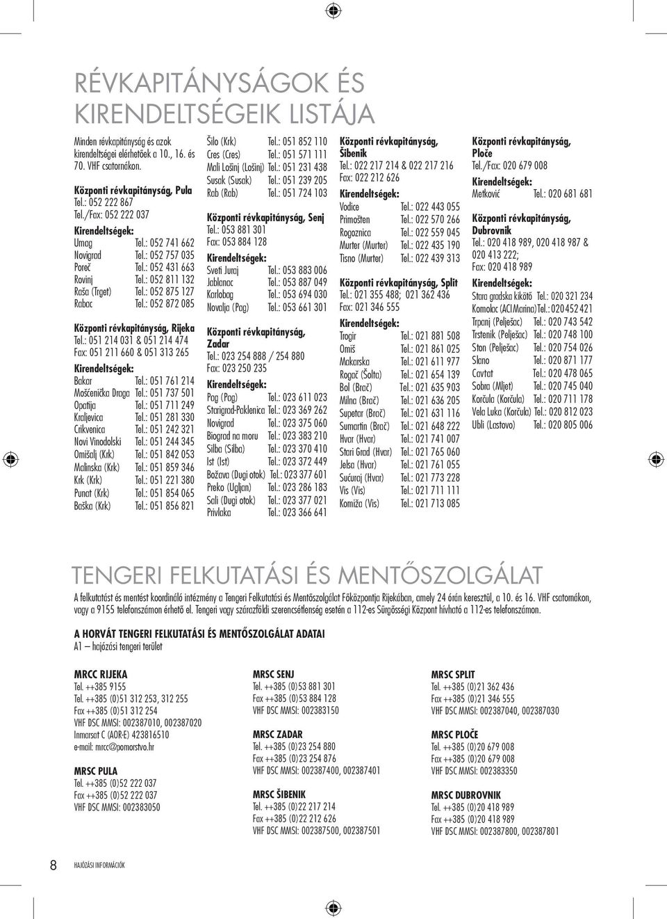 : 052 872 085 Központi révkapitányság, Rijeka Tel.: 051 214 031 & 051 214 474 Fax: 051 211 660 & 051 313 265 Kirendeltségek: Bakar Tel.: 051 761 214 Mošćenička Draga Tel.: 051 737 501 Opatija Tel.