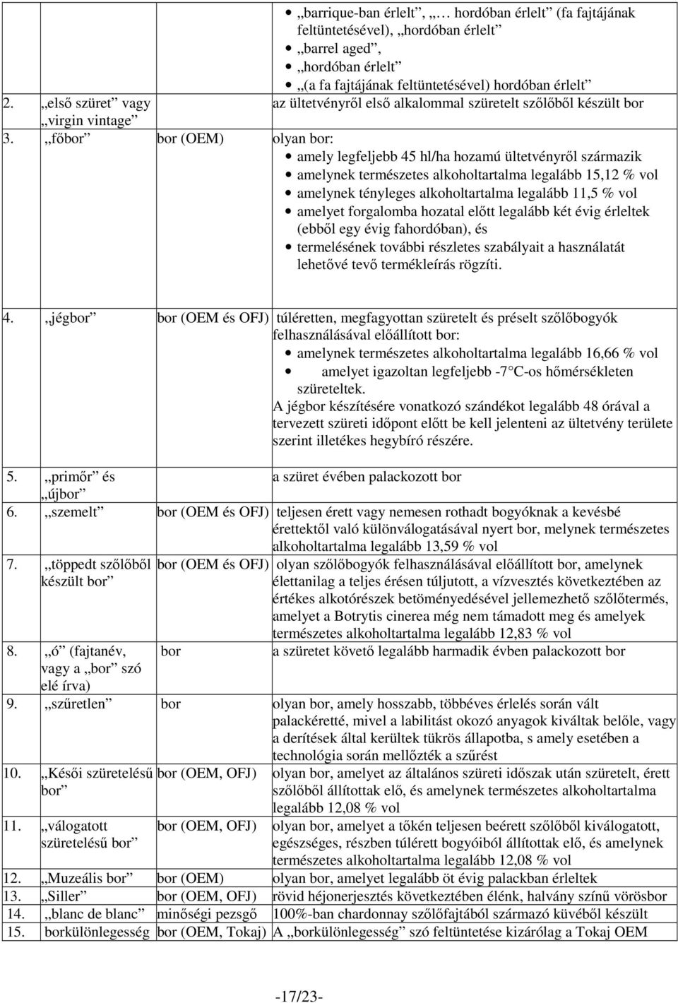 fıbor bor (OEM) olyan bor: amely legfeljebb 45 hl/ha hozamú ültetvényrıl származik amelynek természetes alkoholtartalma legalább 15,12 % vol amelynek tényleges alkoholtartalma legalább 11,5 % vol