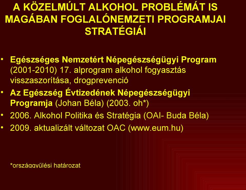 alprogram alkohol fogyasztás visszaszorítása, drogprevenció Az Egészség Évtizedének