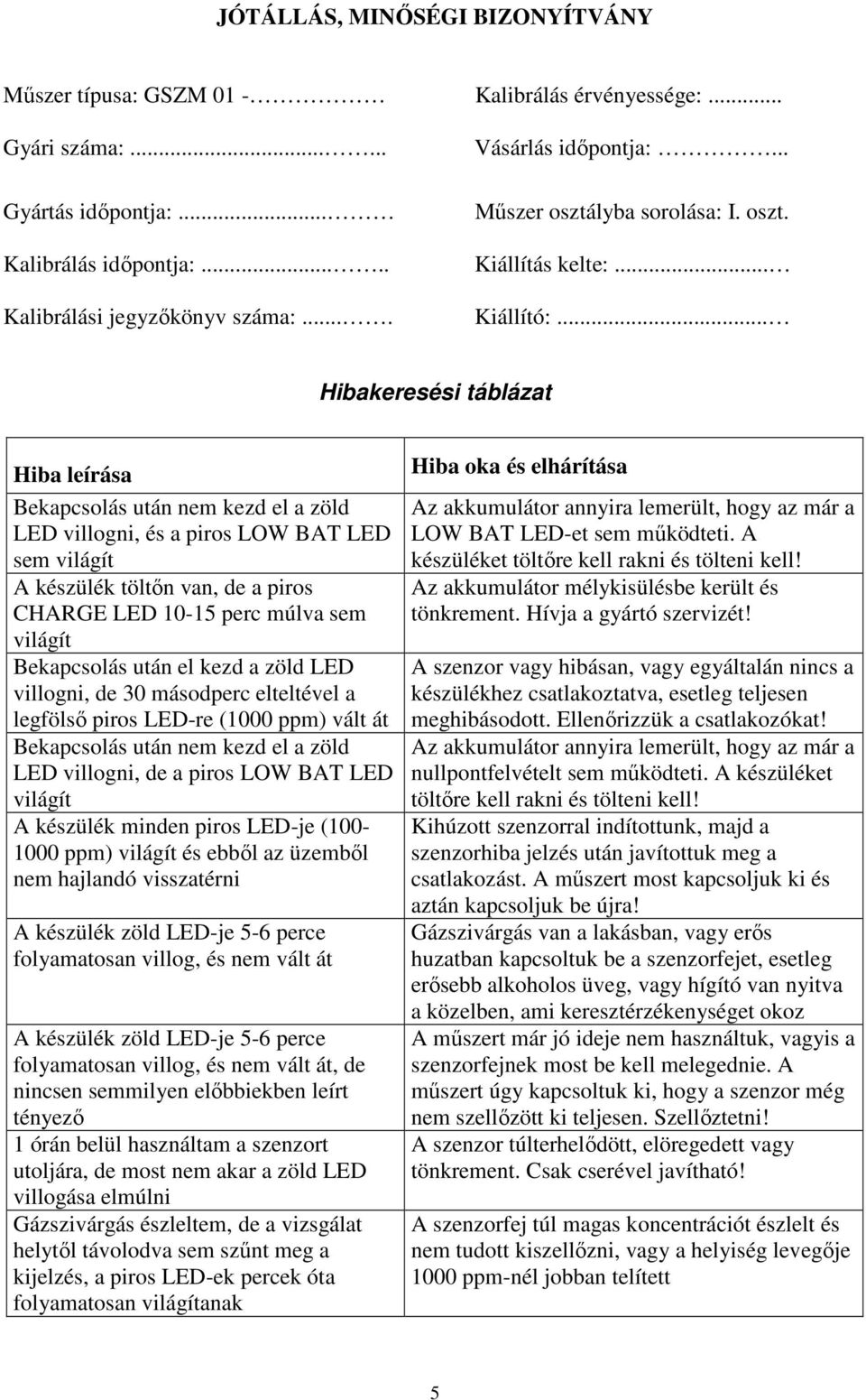 .. Hibakeresési táblázat Hiba leírása Bekapcsolás után nem kezd el a zöld LED villogni, és a piros LOW BAT LED sem világít A készülék töltın van, de a piros CHARGE LED 10-15 perc múlva sem világít