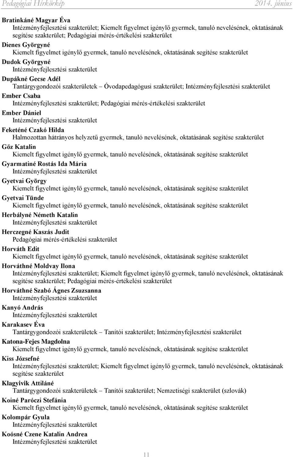 Óvodapedagógusi szakterület; Intézményfejlesztési szakterület Ember Csaba Intézményfejlesztési szakterület; Pedagógiai mérés-értékelési szakterület Ember Dániel Intézményfejlesztési szakterület