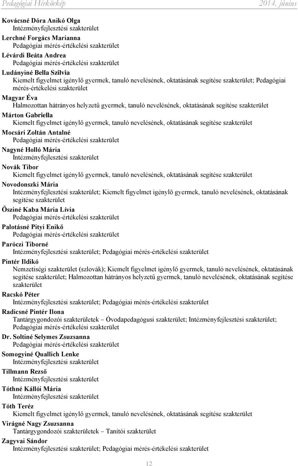 nevelésének, oktatásának segítése szakterület Márton Gabriella Kiemelt figyelmet igénylő gyermek, tanuló nevelésének, oktatásának segítése szakterület Mocsári Zoltán Antalné Pedagógiai