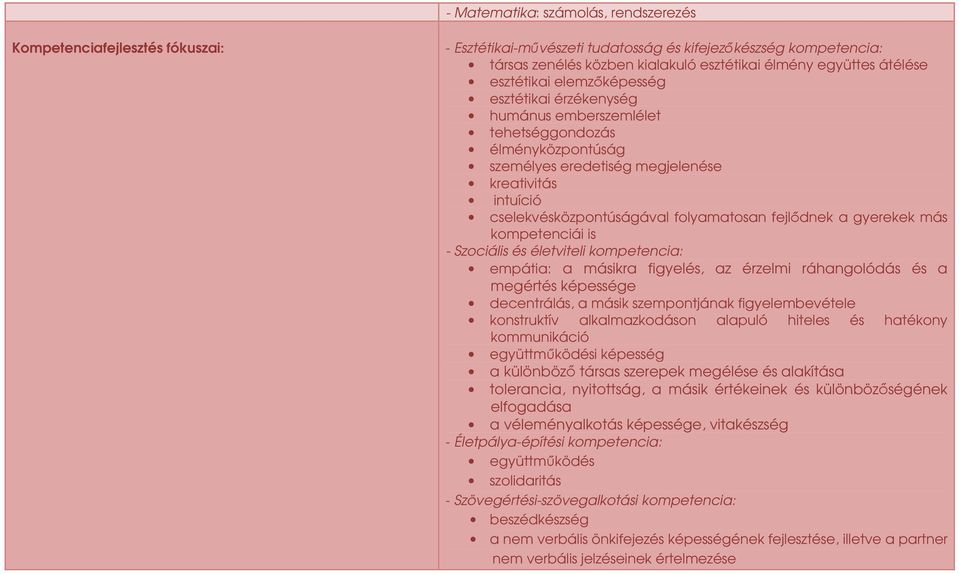 folyamatosan fejlıdnek a gyerekek más kompetenciái is - Szociális és életviteli kompetencia: empátia: a másikra figyelés, az érzelmi ráhangolódás és a megértés képessége decentrálás, a másik