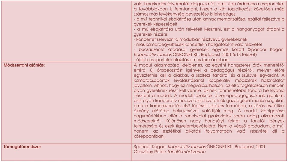 - koncertet szervezni a modulban résztvevı gyerekeknek - más kamaraegyüttesek koncertjein hallgatóként való részvétel - búcsúüzenet átadása: gyerekek egymás között (Spancar Kagan: Kooperatív tanulás