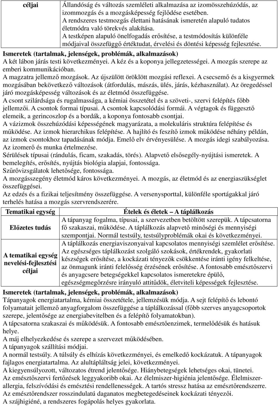 A testképen alapuló önelfogadás erősítése, a testmódosítás különféle módjaival összefüggő értéktudat, érvelési és döntési képesség fejlesztése. A két lábon járás testi következményei.