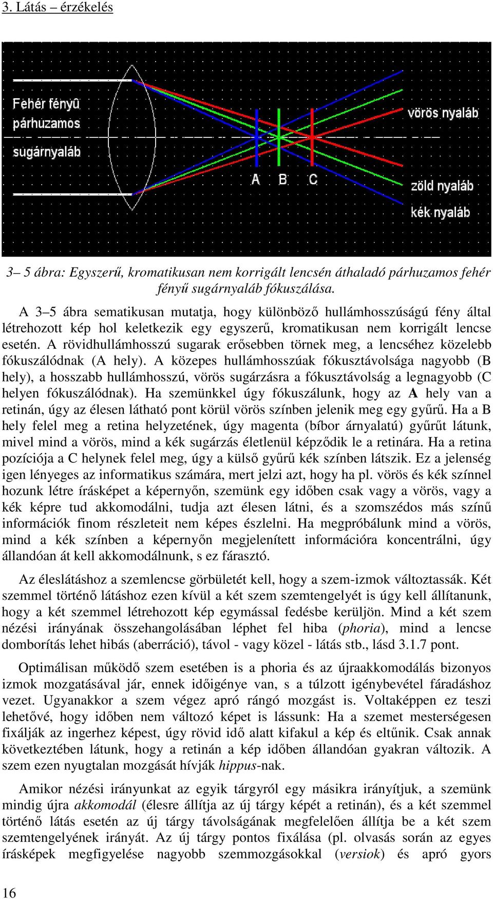 A rövidhullámhosszú sugarak erősebben törnek meg, a lencséhez közelebb fókuszálódnak (A hely).