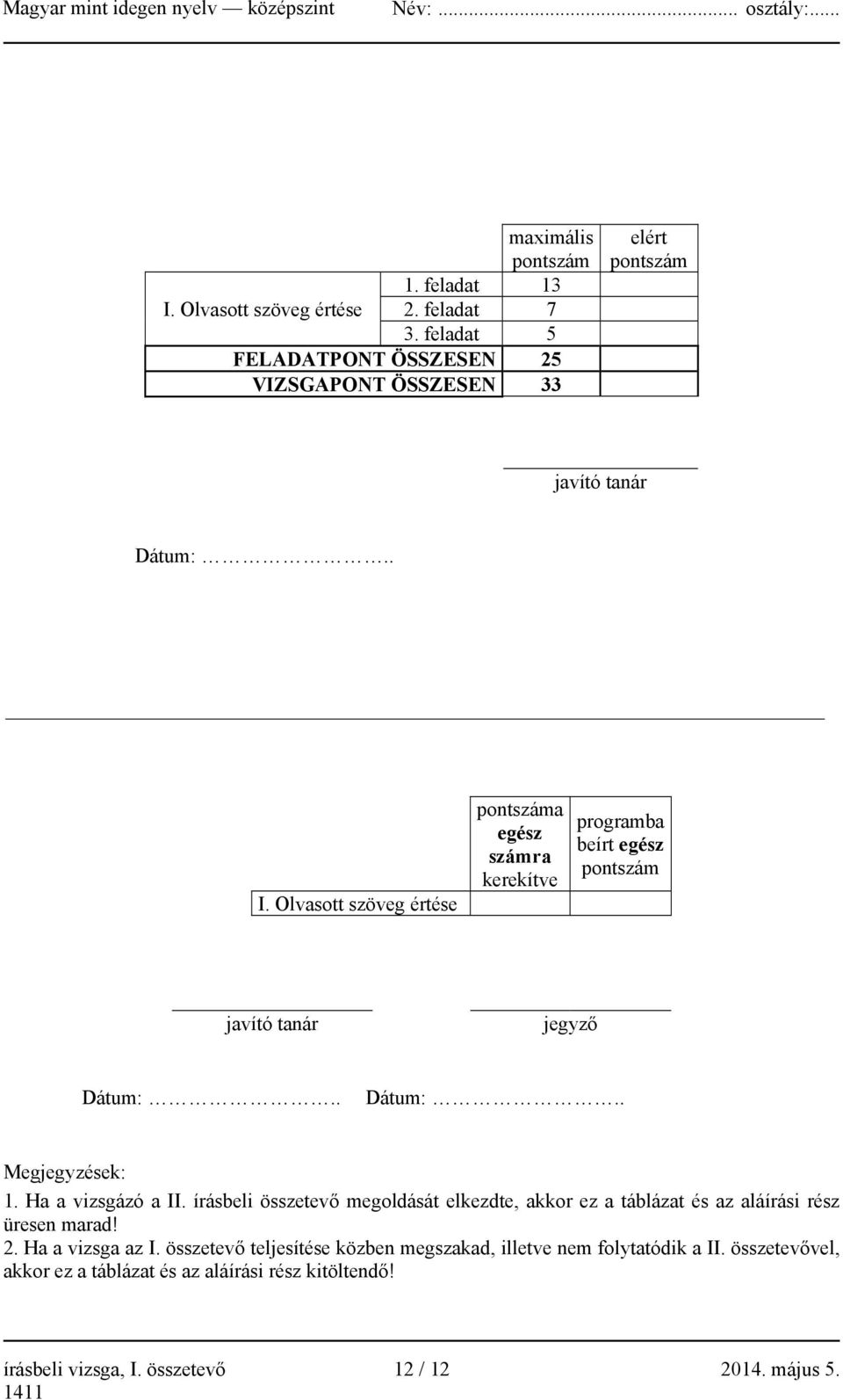 Olvasott szöveg értése pontszáma egész számra kerekítve programba beírt egész pontszám javító tanár jegyző Dátum:.. Dátum:.. Megjegyzések: 1.