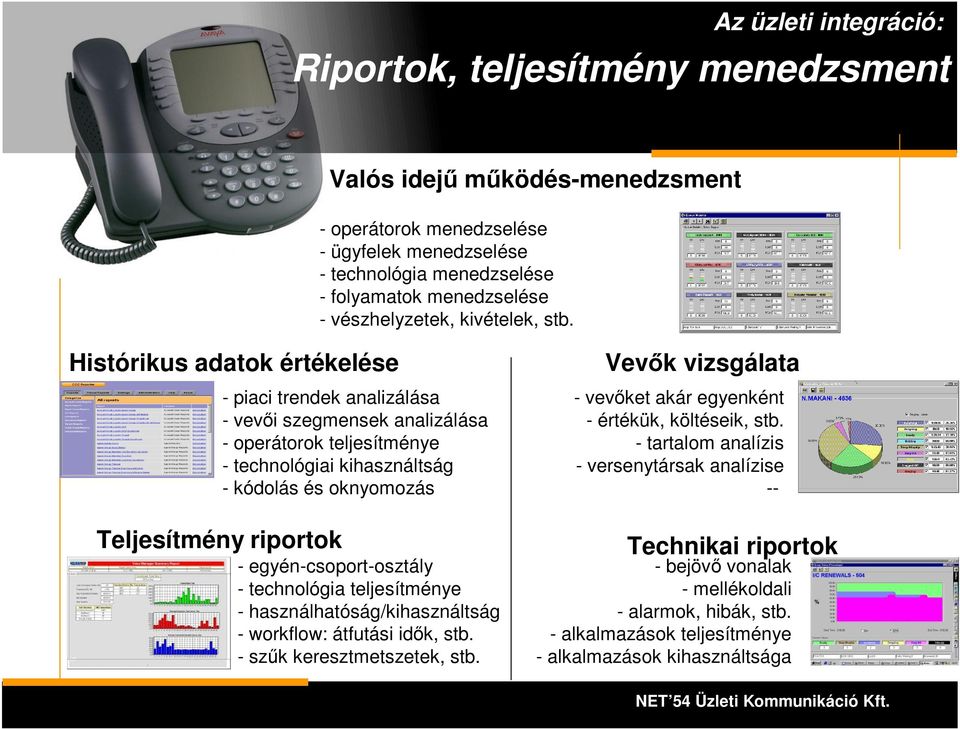 Histórikus adatok értékelése Teljesítmény riportok - piaci trendek analizálása - vevői szegmensek analizálása - operátorok teljesítménye - technológiai kihasználtság - kódolás és oknyomozás -