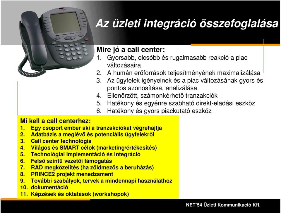 Hatékony és gyors piackutató eszköz Mi kell a call centerhez: 1. Egy csoport ember aki a tranzakciókat végrehajtja 2. Adatbázis a meglévő és potenciális ügyfelekről 3. Call center technológia 4.
