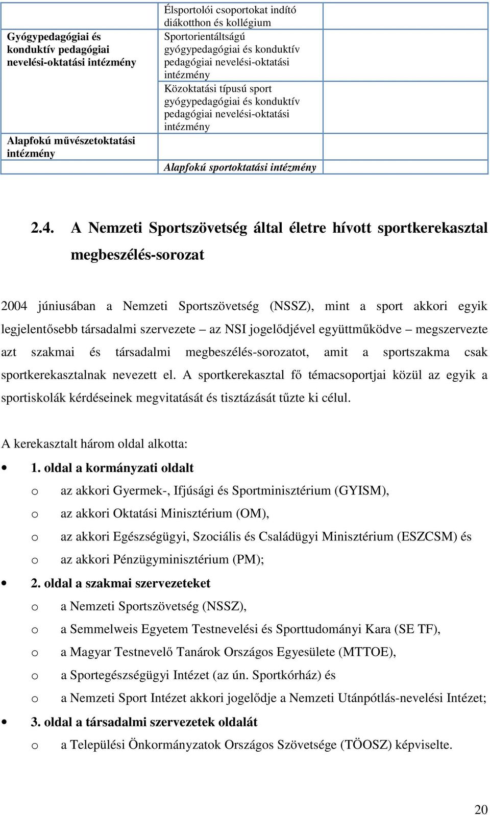 A Nemzeti Sportszövetség által életre hívott sportkerekasztal megbeszélés-sorozat 2004 júniusában a Nemzeti Sportszövetség (NSSZ), mint a sport akkori egyik legjelentősebb társadalmi szervezete az