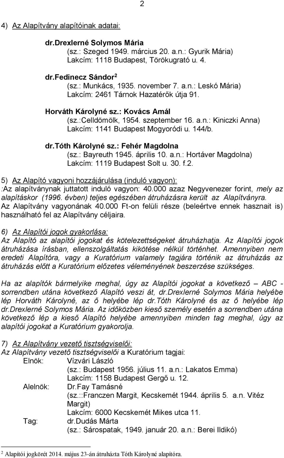 144/b. dr.tóth Károlyné sz.: Fehér Magdolna (sz.: Bayreuth 1945. április 10. a.n.: Hortáver Magdolna) Lakcím: 1119 Budapest Solt u. 30. f.2.