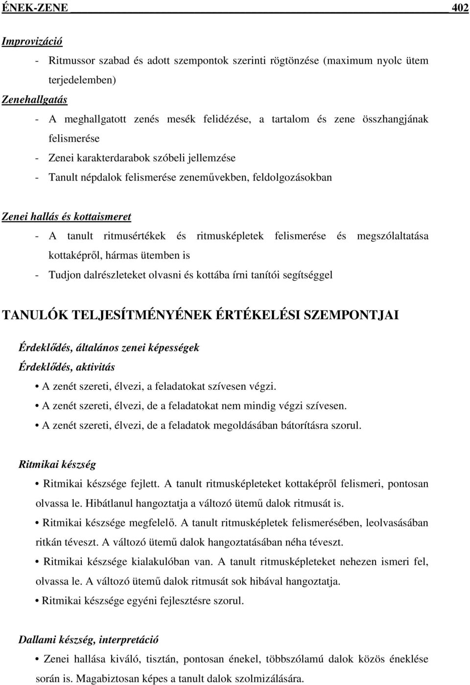 megszólaltatása kottaképről, hármas ütemben is - Tudjon dalrészleteket olvasni és kottába írni tanítói segítséggel TANULÓK TELJESÍTMÉNYÉNEK ÉRTÉKELÉSI SZEMPONTJAI Érdeklődés, általános zenei