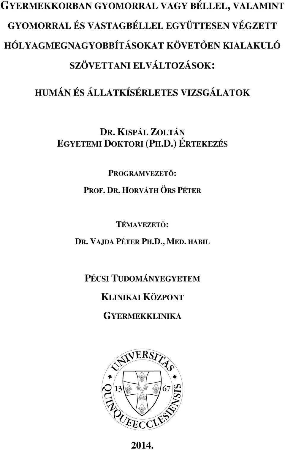 VIZSGÁLATOK DR. KISPÁL ZOLTÁN EGYETEMI DOKTORI (PH.D.) ÉRTEKEZÉS PROGRAMVEZETŐ: PROF. DR. HORVÁTH ÖRS PÉTER TÉMAVEZETŐ: DR.