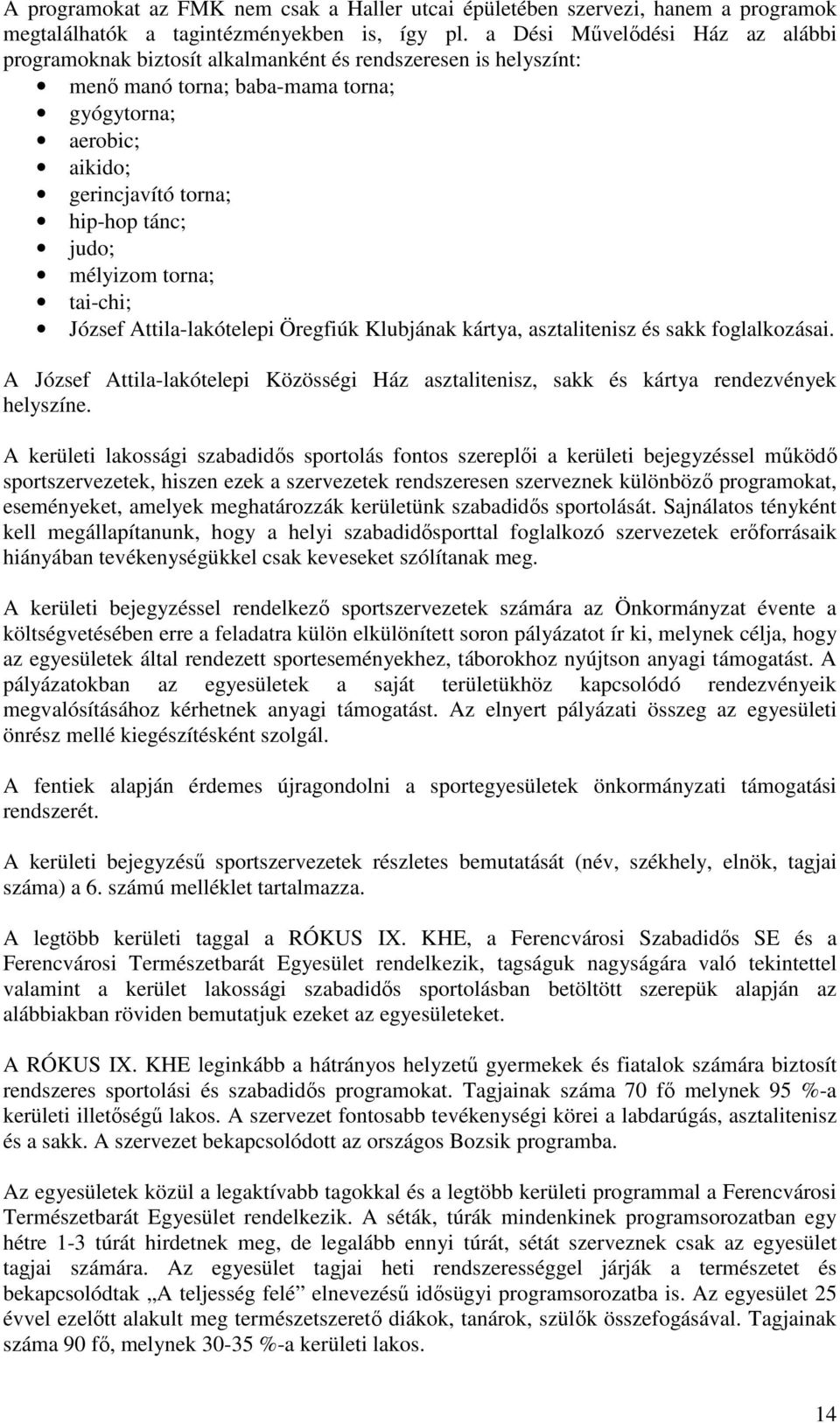 mélyizom torna; tai-chi; József Attila-lakótelepi Öregfiúk Klubjának kártya, asztalitenisz és sakk foglalkozásai.