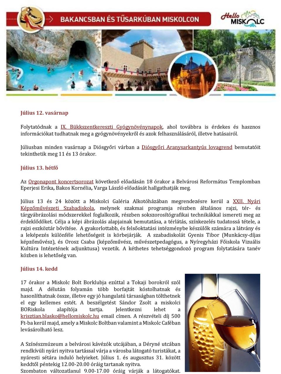 Júliusban minden vasárnap a Diósgyőri várban a Diósgyőri Aranysarkantyús lovagrend bemutatóit tekinthetik meg 11 és 13 órakor. Július 13.