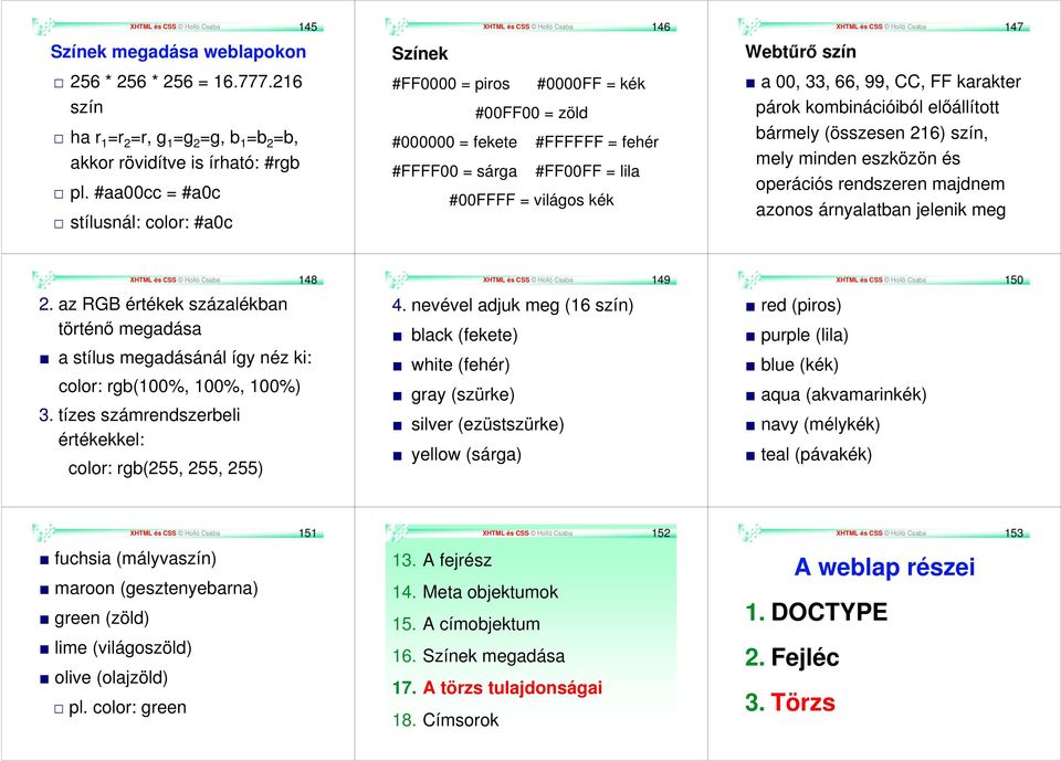 világos kék XHTML és CSS Holló Csaba 147 Webtűrő szín a 00, 33, 66, 99, CC, FF karakter párok kombinációiból előállított bármely (összesen 216) szín, mely minden eszközön és operációs rendszeren