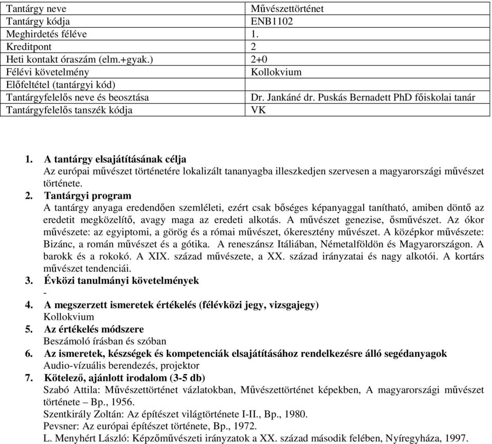 A tantárgy anyaga eredendően szemléleti, ezért csak bőséges képanyaggal tanítható, amiben döntő az eredetit megközelítő, avagy maga az eredeti alkotás. A művészet genezise, ősművészet.